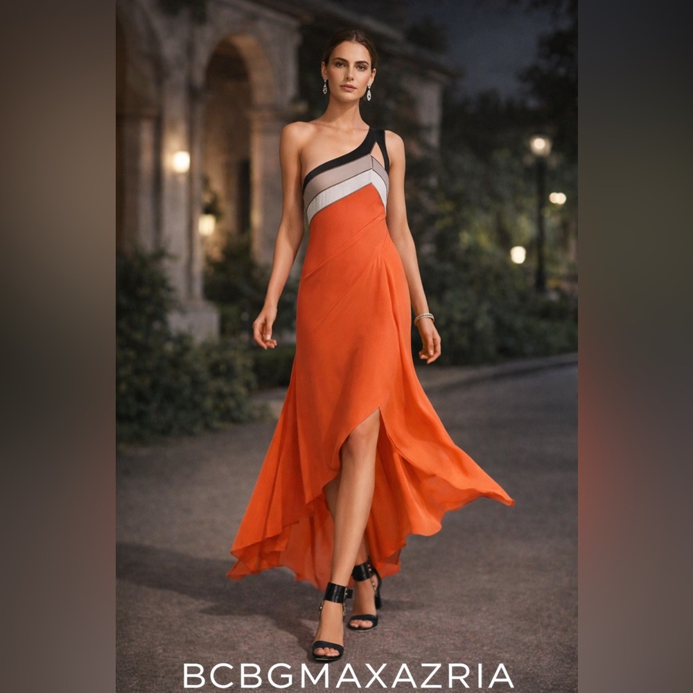 BCBGMAXAZRIA “Kaia” Orange & Black Asymmetrical Dress – Runway Collection